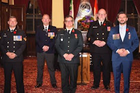 Master Sailor Jeremy Gallant, left, Maj. Allan Manley, Chief Petty Officer Second Class Mark Nicolle, Cpl. Ian Morison and Master Warrant Officer Chris Batchilder are shown at the 2020 Veterans Recognition Awards ceremony recently at City Hall.