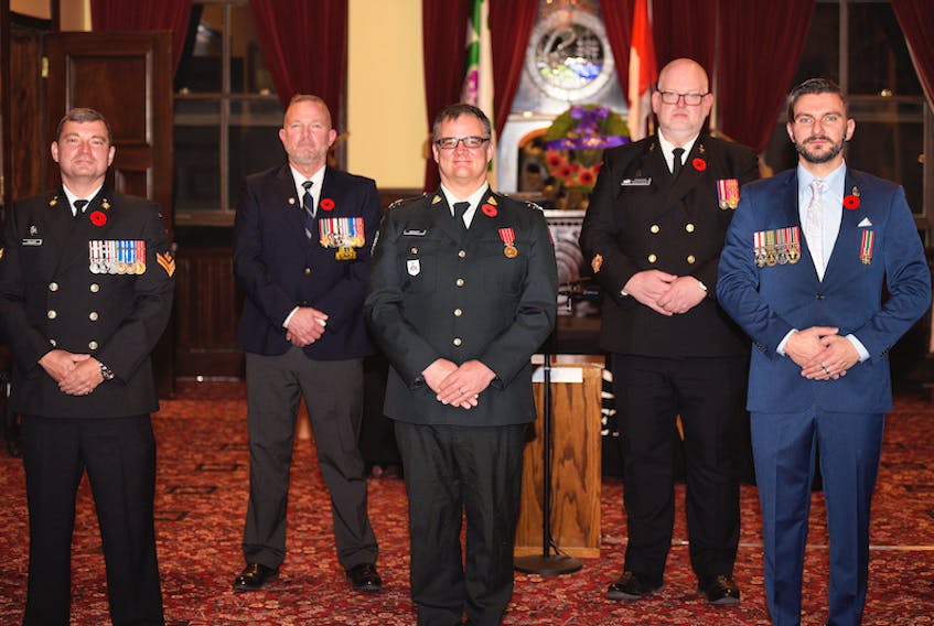 Master Sailor Jeremy Gallant, left, Maj. Allan Manley, Chief Petty Officer Second Class Mark Nicolle, Cpl. Ian Morison and Master Warrant Officer Chris Batchilder are shown at the 2020 Veterans Recognition Awards ceremony recently at City Hall.