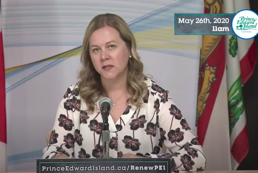 Marion Dowling, Health P.E.I.'s chief of nursing, speaks at a news conference Tuesday where she indicated visitors may soon be allowed to visit long-term care homes in the province.