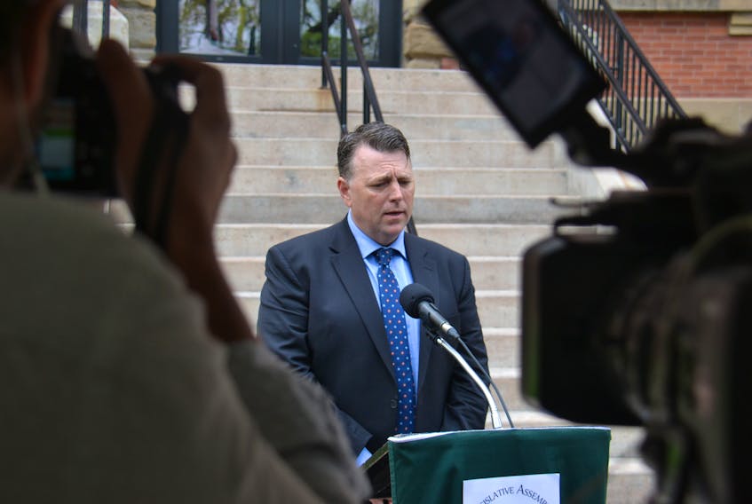 Premier King speaks to media outside of the Coles Building on Wednesday. King said he hoped the legal costs owing from the Abegweit and Lennox Island First Nations related to the Mill River legal battle could be better used for other projects.