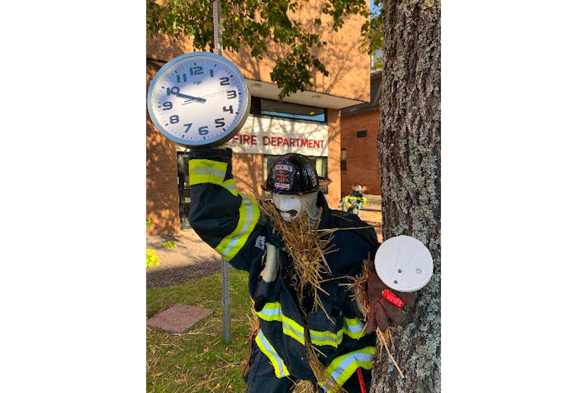 Scarecrow Firefighter Tom, who made an appearance during the Discover Charlottetown Scarecrows in the City Festival, helped share the message, “Change your clocks, change your batteries” –  encouraging the public to change the batteries in their smoke alarms when adjusting clocks for Daylight Savings Time on Sunday, Nov. 1.