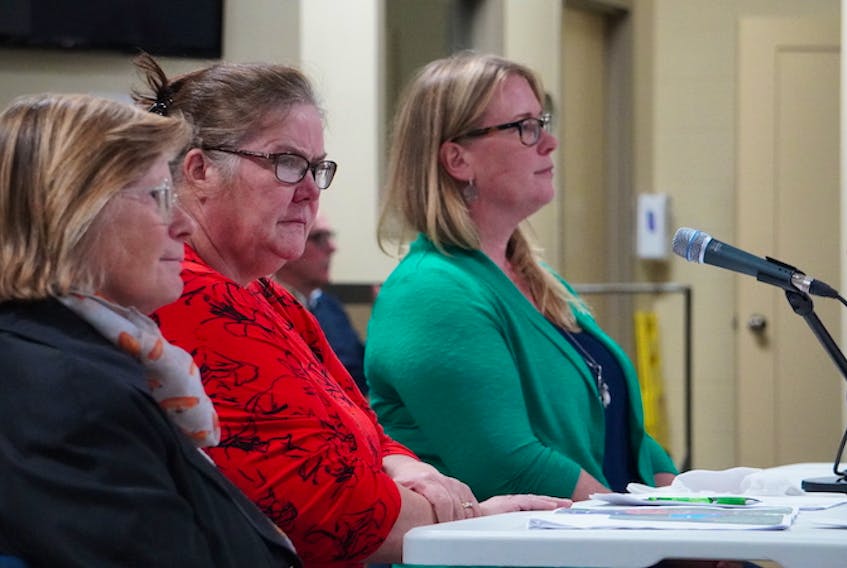 Three Rivers' electoral boundaries commission – Heather MacLean, right, Anne VanDonkersgoed and Pat Uptegrove – are shown at a recent council meeting at Cavendish Farms Wellness Centre in Montague.