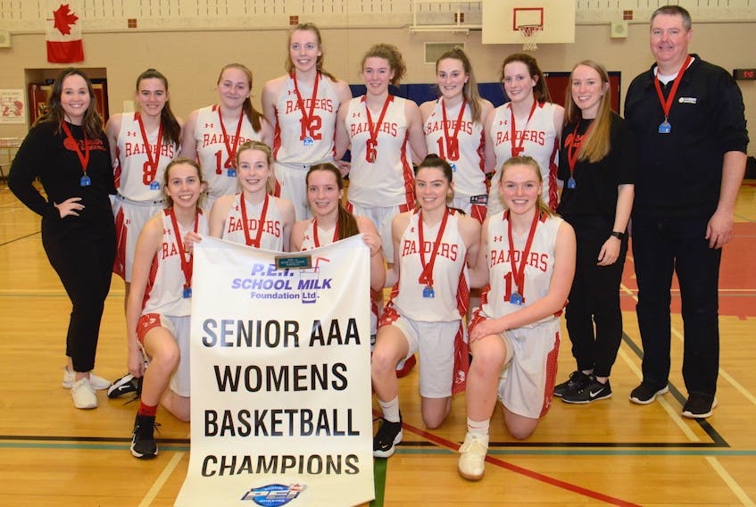 The Charlottetown Rural Raiders captured the Prince Edward Island School Athletic Association senior AAA girls’ basketball title Monday on their homecourt. Team members, front row, from left, are Cassidy Hurley, Katie Vidito, Amy Plaggenhoef, Sydney Lawlor and Jenna Cyr. Second row, assistant coach Lauren Reid, Isabelle McGeoghegan, Jaelyn Power, Abby MacDonald, Abigail McGeoghegan, Ava Sinnott, Menna McCabe, assistant coach Nicole Davies and head coach Peter Lawlor.