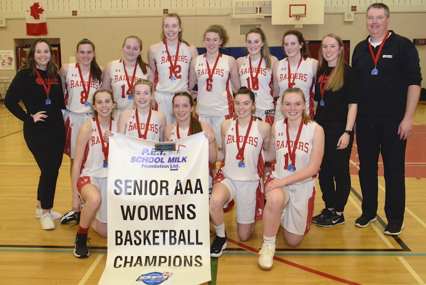 The Charlottetown Rural Raiders captured the Prince Edward Island School Athletic Association senior AAA girls’ basketball title Monday on their homecourt. Team members, front row, from left, are Cassidy Hurley, Katie Vidito, Amy Plaggenhoef, Sydney Lawlor and Jenna Cyr. Second row, assistant coach Lauren Reid, Isabelle McGeoghegan, Jaelyn Power, Abby MacDonald, Abigail McGeoghegan, Ava Sinnott, Menna McCabe, assistant coach Nicole Davies and head coach Peter Lawlor.