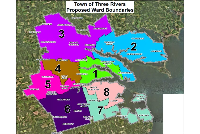 The ward structure proposed by Three Rivers' electoral boundaries commission was presented during a committee meeting in Georgetown on Sept. 28. The structure has not been approved by council and is therefore subject to change.
