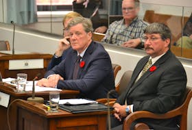 J. Scott MacKenzie, chairman and CEO of the Island Regulatory and Appeals Commission, takes questions from MLAs during a meeting Tuesday of the standing committee on natural resources and environmental sustainability. Seated with MacKenzie’s is Jonah Clements, left,, director of land and general counsel for IRAC and Doug Clow, right, vice-chair of IRAC.