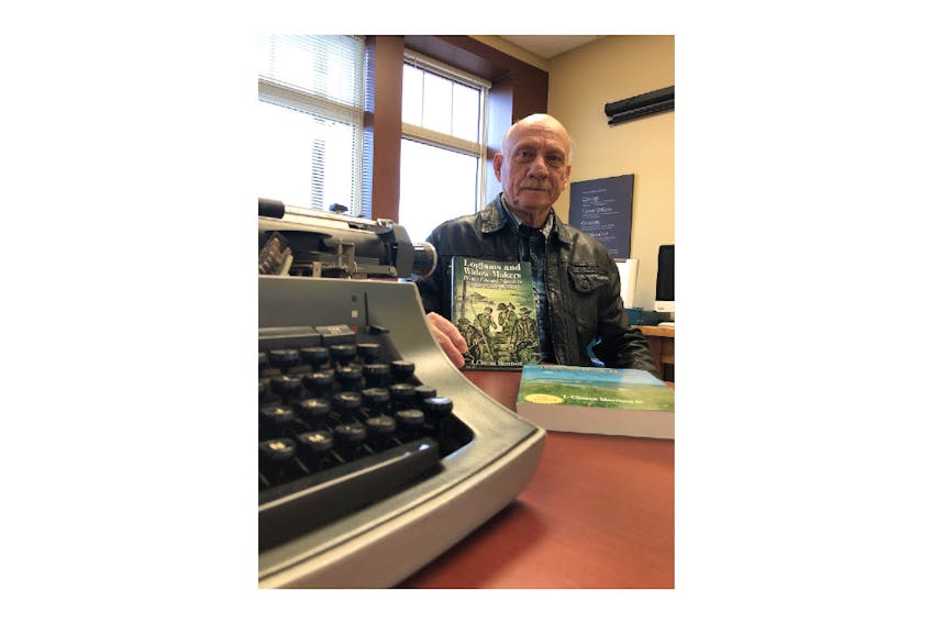 Summerside author J. Clint Morrison holds two of his 12 books, Logjams and Widow-makers, left, which came out this year, and Along the North Shore, which came out in 1984 but would make for a good Halloween read.