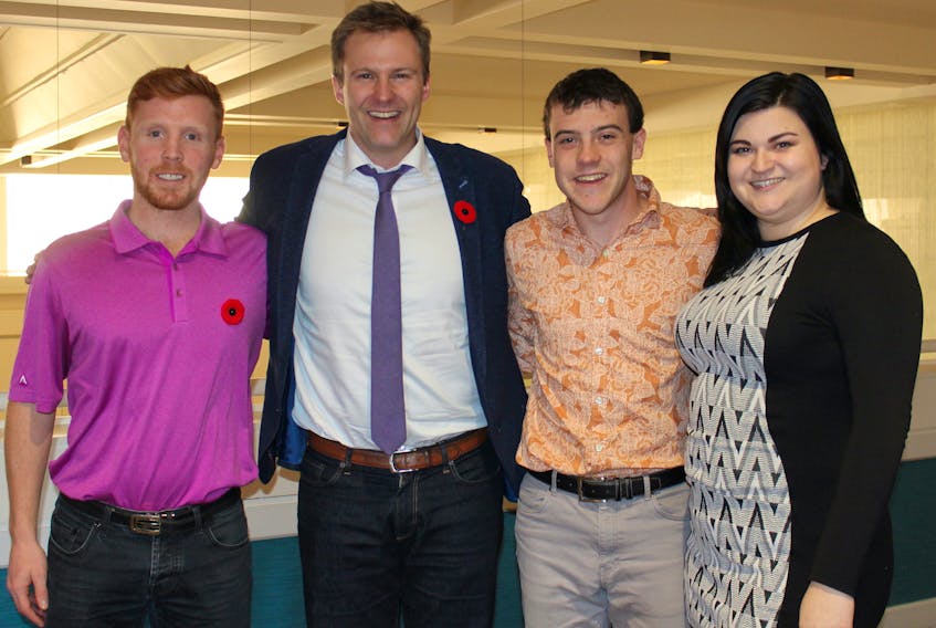 Guest speaker Brian Gallant, second from the left, impressed the participants of the “Faut que ça grouille!” program earlier this month when he told them how his volunteer experiences helped him to become premier of New Brunswick at the age of 33. He is seen with three of the program participants, from left, Dakota Cameron, Adrien Buote and Robyn Gallant.