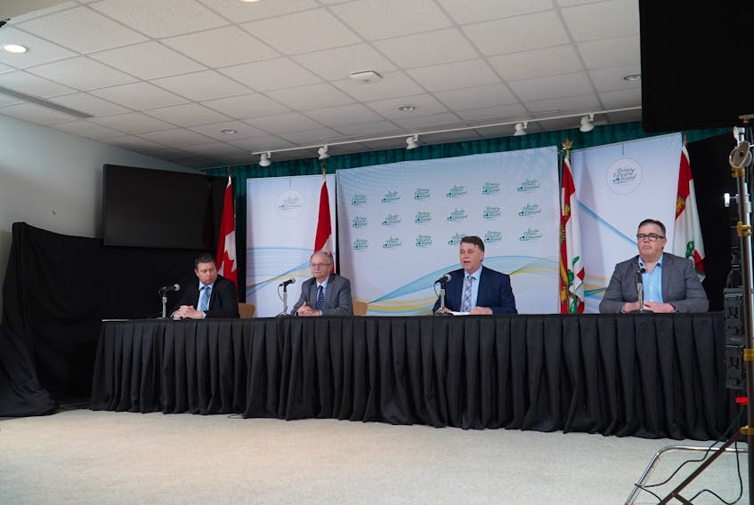 P.E.I Premier (second from right) and members of cabinet address media during a briefing on Monday, March 30. From left: Matthew MacKay, Minister of Economic Growth and Tourism; Ernie Hudson, Minister of Social Development and Housing, Premier Dennis King and Steven Myers, Minister of Transportation, Infrastructure and Energy.
