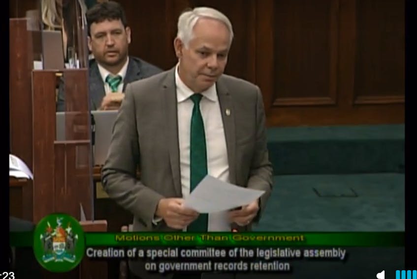 Opposition Leader Peter Bevan-Baker speaks before a vote on a motion creating a Special Committee to investigate government document retention practices. The motion was introduced after a Privacy Commissioner report found the government had breached the Archives and Records Act.