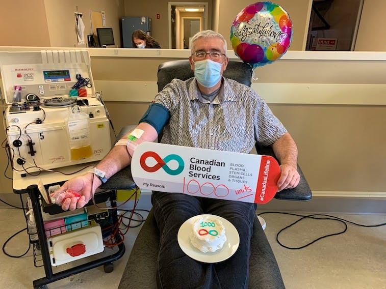 Allen Veale of Stratford, P.E.I., gave his 1,000th blood donation on July 28. He is the second Islander to reach this milestone.