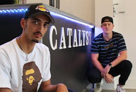 Ashkan Asadi, left, and Jackson Haley-Atkinson showcase their style at their new clothing store, Catalyst Clothing, at 181 Queen Street in Charlottetown.