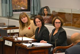 Representatives from Health P.E.I. take questions during a standing committee meeting on Wednesday focused on out-of-province health care. From left are Lauren Kelly Weyman, manager of physician services, Denise Lewis Fleming, CEO of Health P.E.I., and Kellie Hawes, executive director of corporate services.