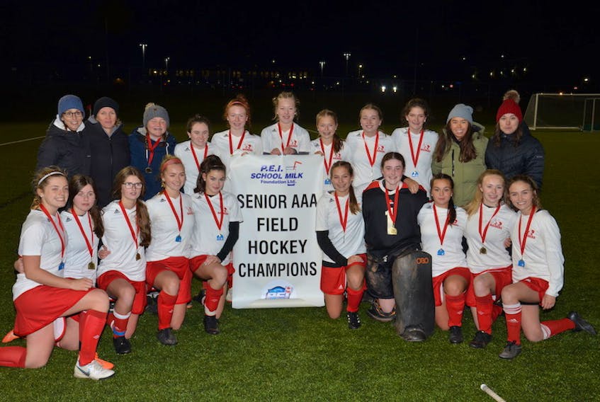 The Charlottetown Rural Raiders defeated the Bluefield Bobcats 2-1 in the gold-medal game of the P.E.I. School Athletic Association Senior AAA Girls Field Hockey League in Charlottetown on Wednesday night. Rural team members are, front row, from left: Molly Doyle, Jorja Hambly, Kayla Batchilder, Grace Larkin, Lindsey Doiron, Brooke Walsh, Avery Bradley, Bella Doyle, Ella MacDougall and Ashlyn Kelly. Back row: Kellie Steele (assistant coach), Trish Walsh (assistant coach), Laney MacGonnell, Clare Craig, Livi Lawlor, Reegan Bolger, Kailey Lutley, Catherine Walker, Ellen Carragher, Hannah Fong (head coach) and Sydney Stavert (assistant coach).