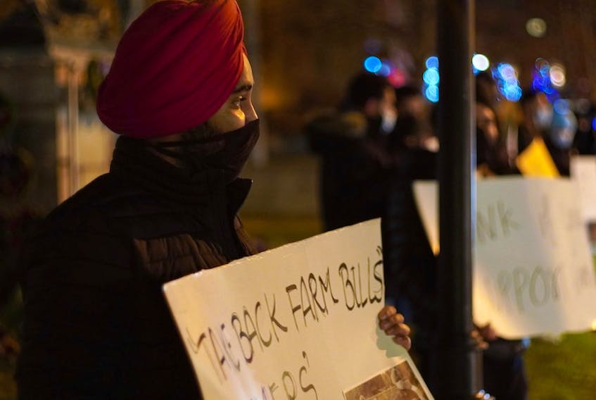 Manpreet Singh attended a demonstration against India's farm reforms at the Charlottetown cenotaph on Nov. 30.