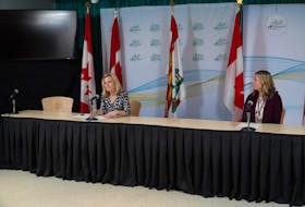 Dr. Heather Morrison and Health P.E.I. Chief of Nursing Marion Dowling during a media briefing on Tuesday