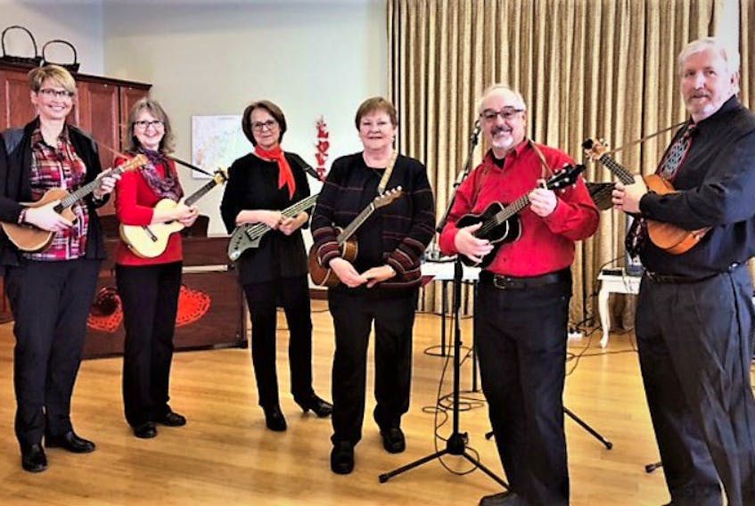 The Retrofrets will bring their voices and their ukuleles to a fundraising concert on Aug. 2 at St. Peter’s Bay United Church. They include, from left, Sharon Woods-Bryenton, Hazel St. Amand, Darlene Acorn, Leah Ziegler, Bobby Acorn and Barry Ziegler.