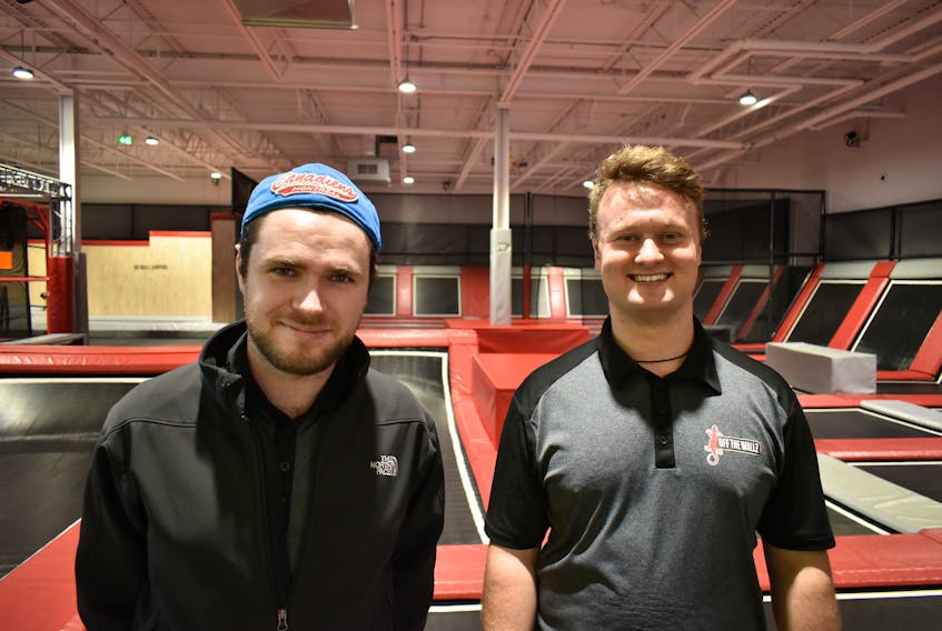 Mike MacLeod, left, and Ben Taylor-Melanson stand in front of the smorgasbord of trampolines at Off the Wallz in Stratford earlier this month.