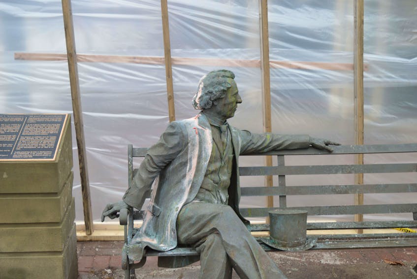 The bench statue of former Canadian prime minister John A. Macdonald has been hit by vandals a few times in the past few months in Charlottetown.