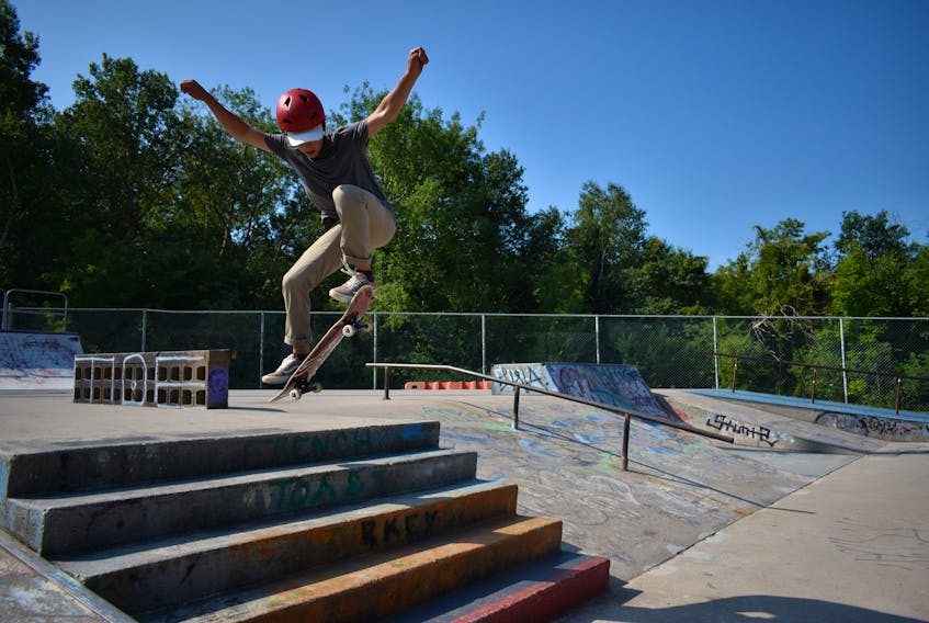 Marshall Morrison warms up before the start of the pro-am skateboard competition. Morrison went on to win first in the am portion. Michael Robar/The Guardian