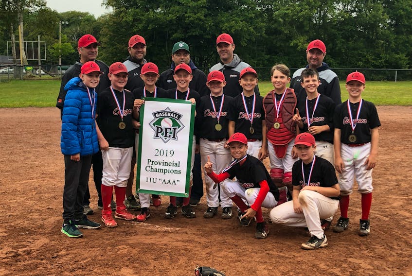 The Mid-Isle Mustangs won the Prince Edward Island mosquito AAA baseball championship on Saturday. Team members are, front row, from left, Hunter Crozier and Cam McKenna. Second row, Jax Smallman, Dylan Drummond, Drew Watts, Devon Doucette, Rylan MacPhail, Chase Desroches, Gabe Wolfe, Calen Ellsworth and Liam Arsenault. Third row, coach Dave MacNeil, coach Craig Desroches, tournament chairman Andy Worth, coach Scott Ellsworth and coach Corey Watts.
