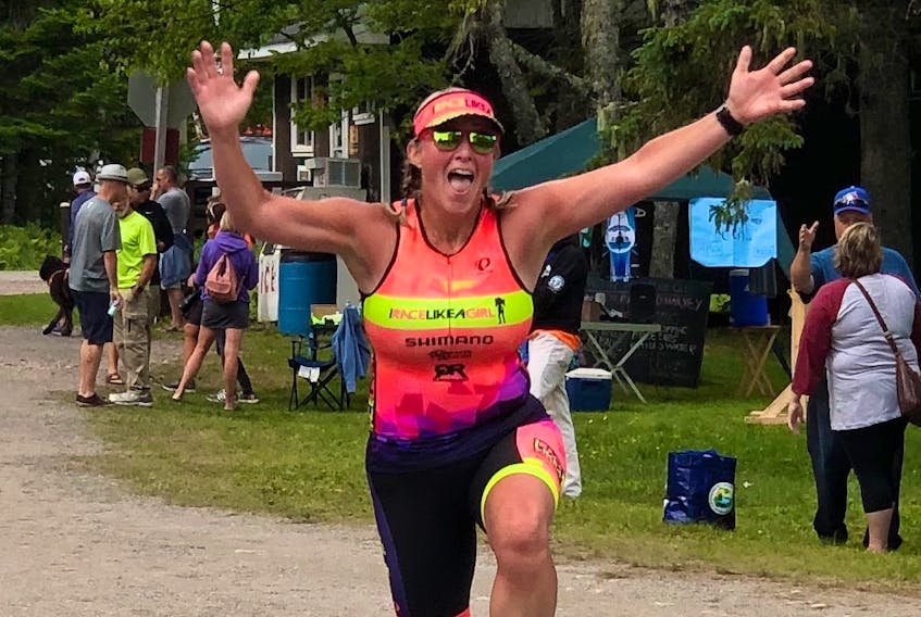 Michelle Brenton at the finish line of the Harvey Triathlon in New Brunswick in August.