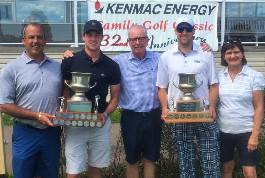 Jeff and Kip Ready won the father/son division of the Kenmac Energy Family Golf Classic while Darren and Linda Fairhurst were victorious in the mother/son division recently Belvedere Golf Club. From left are Jeff and Kip Ready, Kenmac Energy president Dan MacIsaac, Darren and Linda Fairhurst.
