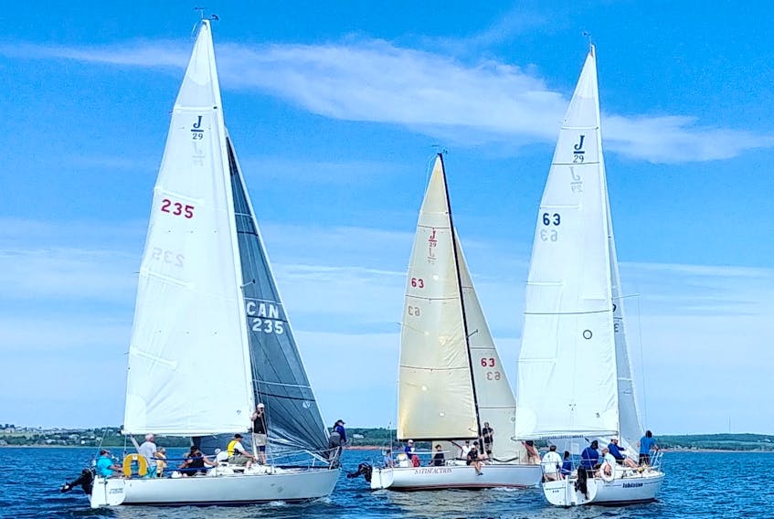 “Satisfaction”, centre, lines up to start a race in the J-29 class during Charlottetown Race Week.
Kathy Large/Special to The Guardian