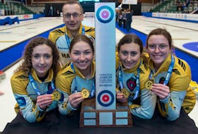 Team Manitoba won the New Holland Canadian junior women’s curling championship Sunday in British Columbia. Front row, from left, are skip Mackenzie Zacharias, third Karlee Burgess, second Emily Zacharias and lead Lauren Lenentine. Sheldon Zacharias coached the team. Lenentine is from New Dominion. Curling Canada/Michael Burns