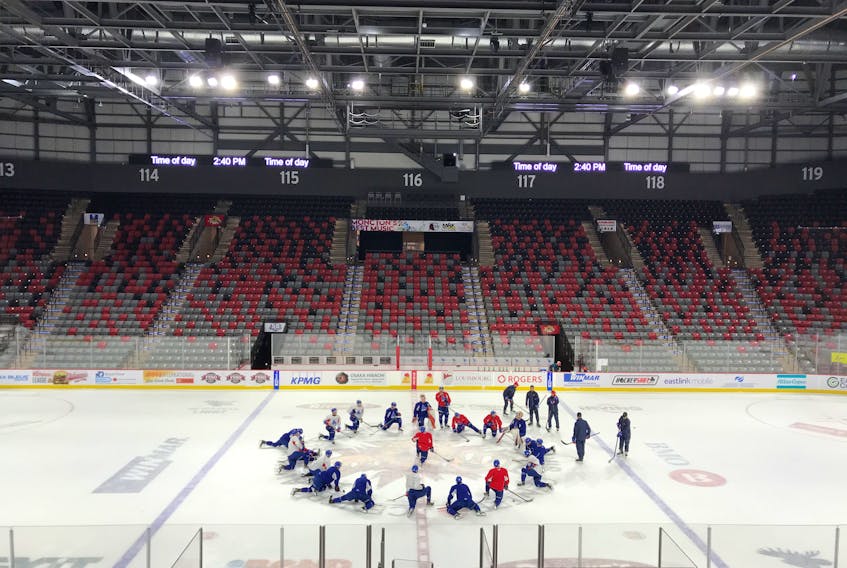 The QMJHL’s Moncton Wildcats are shown practising on the ice at the new 8,800-seat Avenir Centre. Wayne Long, Charlottetown’s events development officer and lead city staff member on a task force looking into a potential new multi-purpose entertainment and cultural centre for Charlottetown, took the picture while part of a group from the city that toured the complex and met with various people involved in the Moncton.