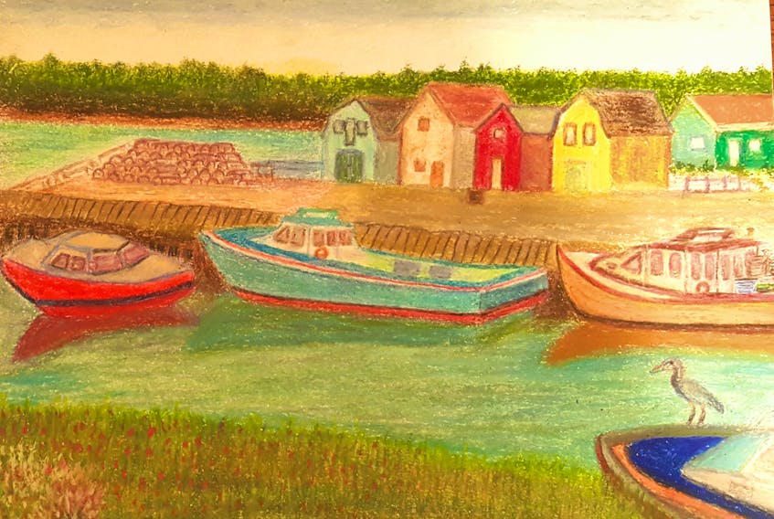 This charming oil pastel crayon drawing is the handiwork of Malliga Nagarajan of Charlottetown PEI.  It came with this lovely note: "We are thankful to the fishermen as the fishing docks are getting ready for the very much anticipated and cautious opening of the lobster season this year. It would indeed fulfill the longings of folks who are so much accustomed to scrumptious lobster feasting at this time of the year."

If you would like to share your Ageless Art with us, please send a photo of your work to weathermail@weatherbyday.ca