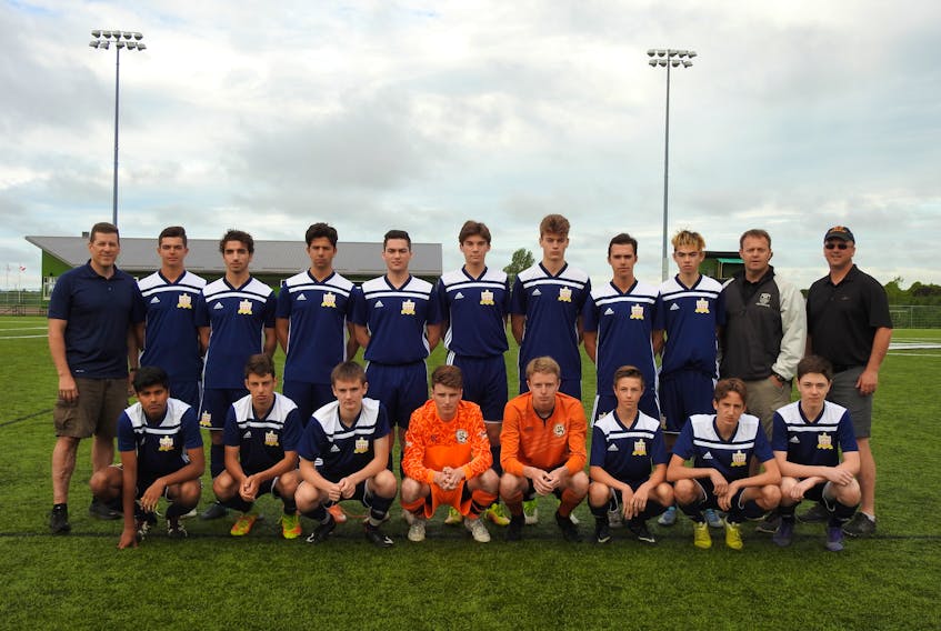 The P.E.I. F.C. under-17 boys’ soccer team is preparing for nationals in October in British Columbia. Front row, from left, Shaurya Badana, Emmet Lyons, Brett Curley, Hayden Porter, Isaac Wolters, Parker MacLeod, Jonah Bartlett and Owen Brown, affiliate player. Second row, head coach Andrew Bartlett, Colin Curran, Elias Bitar, Fran Sanchez, Mikey Doucette, Alec MacDougall, Max VanWiechen, Connor MacDonald, Roan Saengmeng, head coach Peter Wolters and manager Kevin Porter. Missing were Kyle Connell and Reid Peardon.