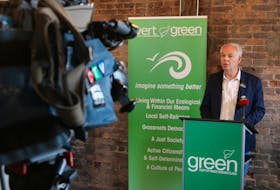 Green Leader Peter Bevan-Baker speaks to reporters in Charlottetown on Wednesday afternoon. Bevan-Baker said he believed he could work together with Dennis King on a personal level.