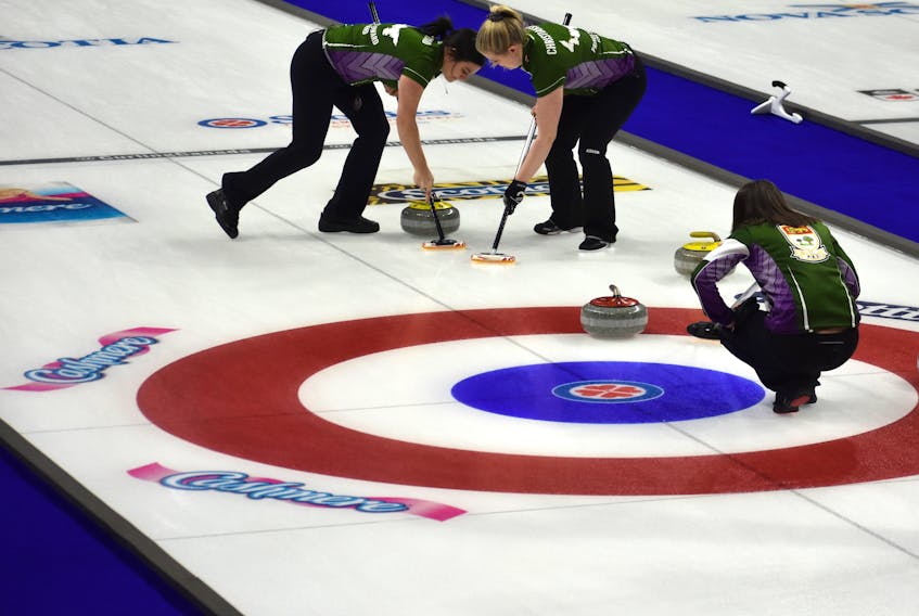 P.E.I. skip Suzanne Birt instructs sweepers Michelle McQuaid, left, and Marie Christianson during action in the 2019 Scotties Tournament of Hearts in Sydney, N.S. P.E.I. enters Tuesday’s play at the Canadian women’s curing championship 3-1 (won-lost) after winning twice on Monday.