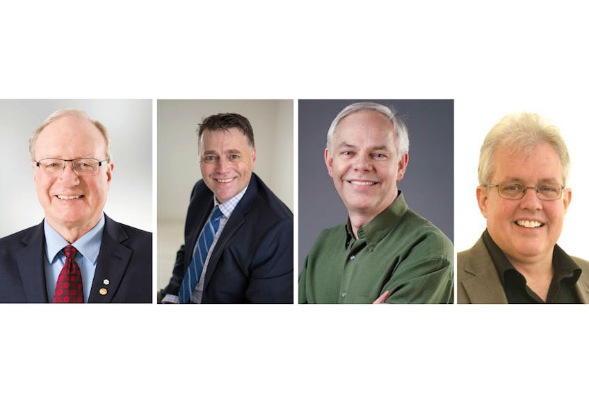 The leaders of P.E.I.'s four political parties — from left, Liberal leader Wade MacLauchlan, PC leader Dennis King, Green leader Peter Bevan-Baker, and NDP leader Joe Byrne — will vie for votes in a provincial election on April 23, 2019.