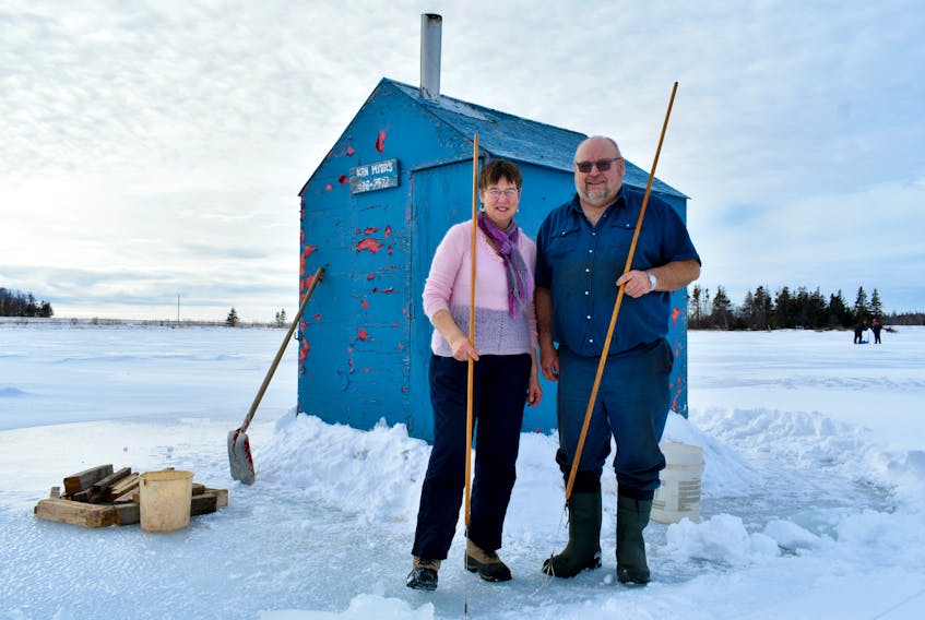 After building a snow wall around their shack to prevent light from getting in that would otherwise scare the fish, Audrey Durkee and Ken Myers were ready with spears on Feb. 1 to begin their favourite outdoor pastime  – smelt fishing.