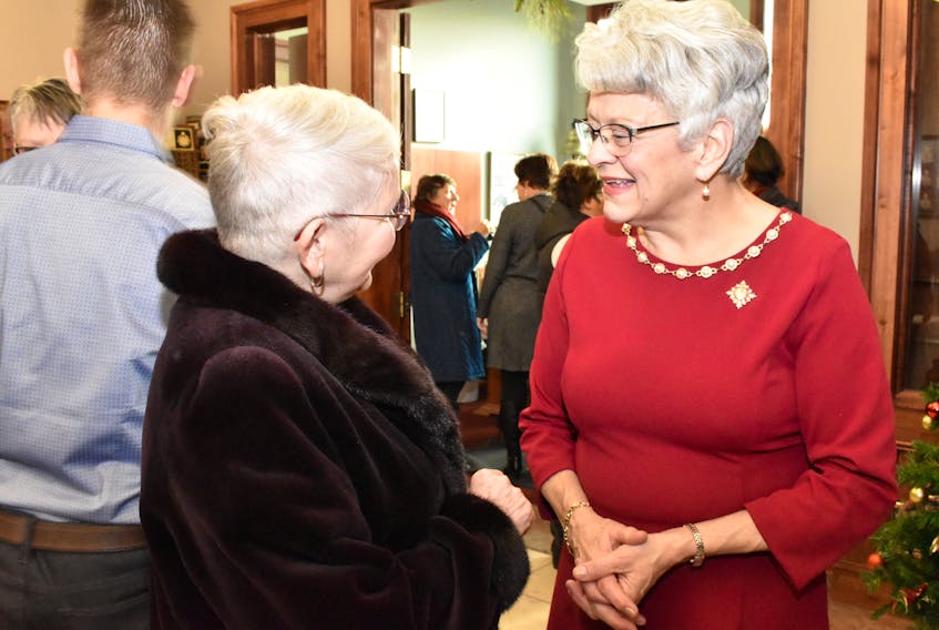 First time levee-er Noelle Goodyear, left, chats with Lt.-Gov. Antoinette Perry at the Summerside Levée Jan. 1 at City Hall.