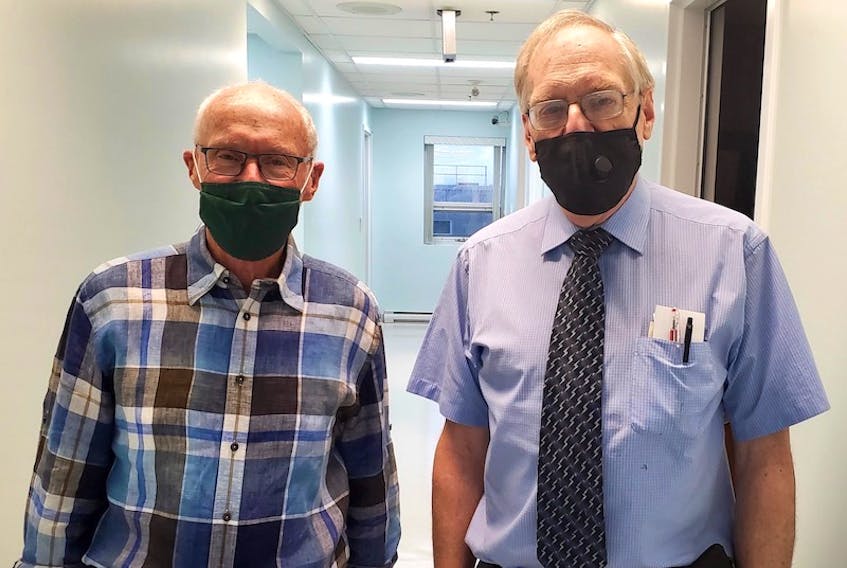 Doctors Paul Kelly, left, and Cyril Moyse have both recently retired from their family medicine practices and most of their other responsibilities after serving their community for almost 50 years. The men grew up in Summerside and have been friends since childhood.