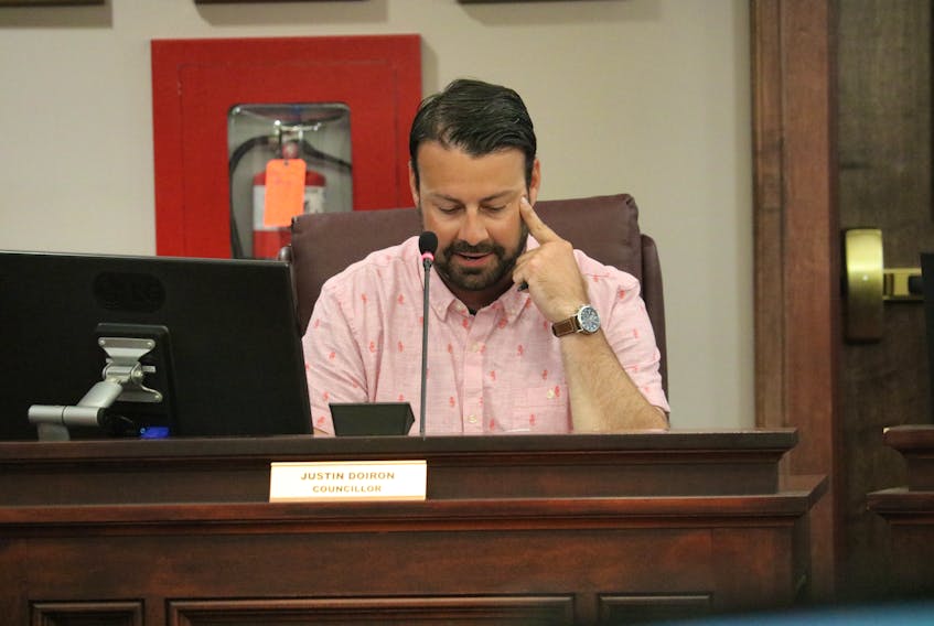 Summerside councillor Justin Doiron reads a letter sent from a Summerside resident regarding the intersection of Pope Road and Greenwood Drive.