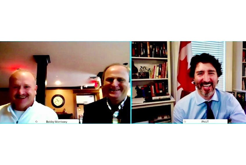 Robert Gallant, left, Bobby Morrissey and Justin Trudeau met virtually to discuss how COVID-19 has affected small businesses in Morrissey's riding.