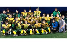 The Summerside Cooke Insurance Clippers captured the Potato Bowl as Papa John’s Football P.E.I. varsity champions Saturday in Cornwall. Team members, front row, from left, are Reid MacKinnon, Landon Gallant, Zackary Blood, Lucas Doucette, Campbell Wadman, Toby Gillis and Bradley McCourt. Second row, Danny Tamtom and Luke Quinlan. Third row, Damien Barlow, Mike Friesen, Jayden Ryder-Clements, Paul Wamboldt, Breton Brown, Sean Matheson, Spencer Rossister, Drew Drummond, Evan MacDougall and Brayden Pike. Fourth row, Ken Blood, Nathan Enman and Brian Doucet. Fifth row. Mike Miller, John Turner, Ethan Skevington, Ethan Gallant-Smith and Connor Murphy. Missing are Phoenix Mackay and Colton Hutchinson.
