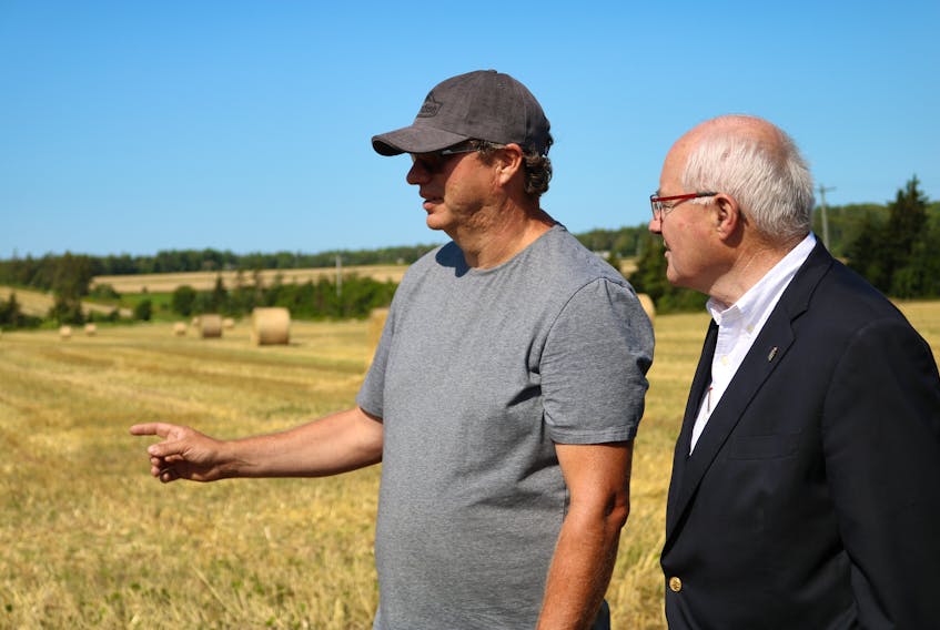 Andy Toombs, left, points to a field of Sorghum and Sudan Grass a field over while chatting with MP for Malpeque Wayne Easter about the Living Labs Atlantic project.