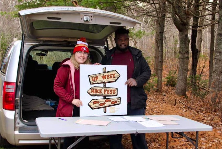 Madison Pitre from Go West P.E.I. and Ricco Stubbs welcomed hikers to each trailhead at the first annual Up West Trail Fest. For a small fee, hikers got a hooded sweatshirt and a guided tour of West Prince hiking trails on Nov. 7.