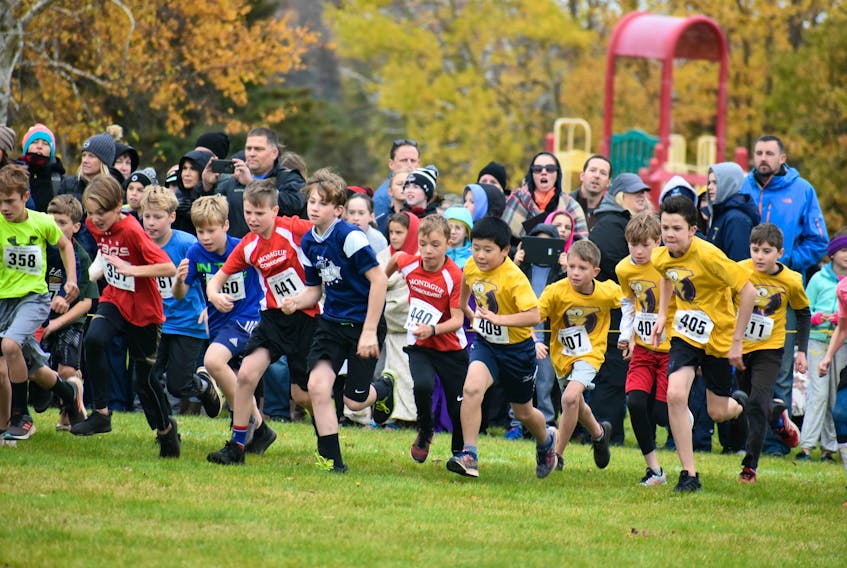 Denver Nelson, wearing bib number 440, representing Montague Consolidated Elementary School, participates in his fourth cross-country race at the P.E.I. School Athletic Association provincial championships Saturday in Mill River.