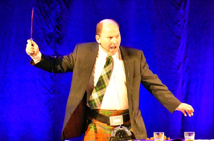Andrew Campbell waves a theatrical knife around while reciting the “Address to the Haggis.” The knife is a family heirloom passed down from his father. Scotland’s national poet Robbie Burns was celebrated with bagpipes and drums, while raising important funds for the College of Piping on Saturday night.