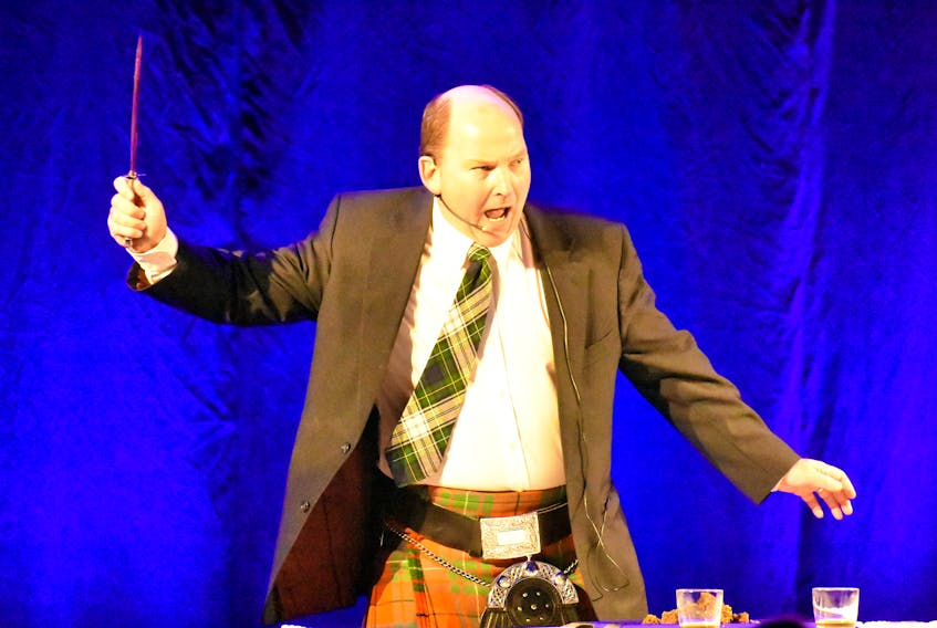 Andrew Campbell waves a theatrical knife around while reciting the “Address to the Haggis.” The knife is a family heirloom passed down from his father. Scotland’s national poet Robbie Burns was celebrated with bagpipes and drums, while raising important funds for the College of Piping on Saturday night.
