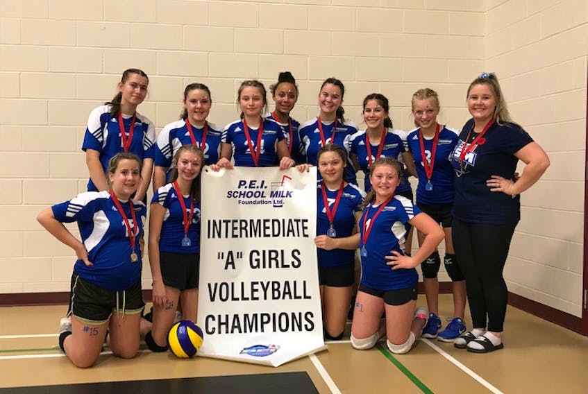 The École-sur-Mer Requins (Sharks) recently won back-to-back P.E.I. School Athletic Association Intermediate A Girls Volleyball League championships. École-sur-Mer outlasted the Kensington Torchettes in a thrilling gold-medal match 3-2. Scores were 25-22, 25-23, 18-25, 20-25, 15-10. Team members of École-sur-Mer are, front row, from left: Storm Adams, Emma McInnis, Isabelle Richards and Paige Casey. Back row: Zornitsa Ivanova, Maddie Richards, Olivia Larose, Ayélen Baka, Jillian Caissie, Charlie Desroches, Jorja Rae Thompson and Kait Gallaway (head coach).