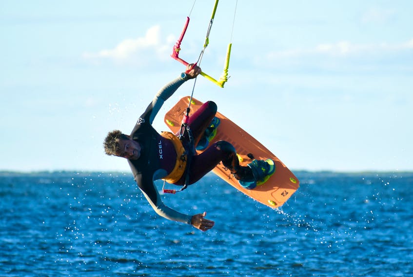 Daniel Lefebvre, 57, performs high jumps and aerial maneuvers at the annual P.E.I. Throwdown in Malpeque Bay.