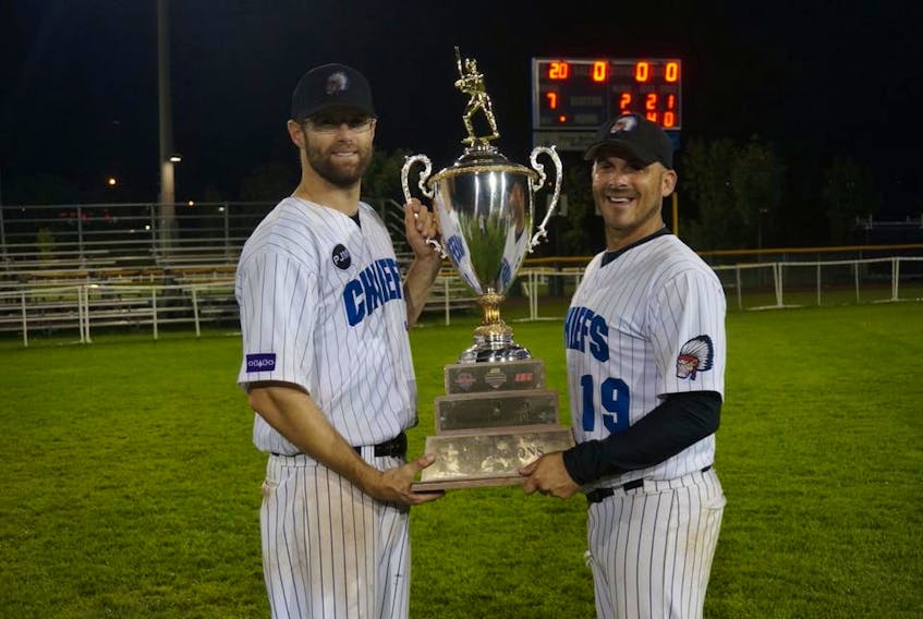 Jeff Ellsworth, right, and pitcher Adam Folkard accept the Hill United Chiefs’ championship trophy from the 2015 ISC World tournament in South Bend, Indiana.