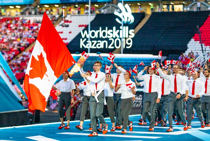 Justin Buchanan from Knutsford, P.E.I. leads the Canadian delegation into the opening ceremonies for the World Skills Competition in Kazan, Russia. Buchanan competed in 3-D Digital Game Art.
Amy Buchanan photo/
